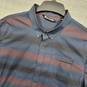 Travis Mathew Shirt Mens XL Blue Striped Short Sleeve Stretch Button Up Casual